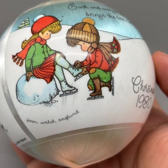 Joan Walsh Anglund Christmas Ornament 1980 Satin Ball Ice Skaters Winter Scene - Picture 5 of 11
